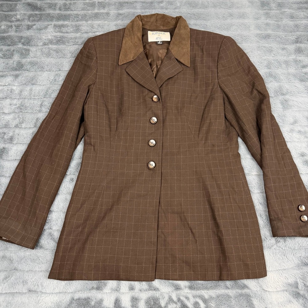 Kasper for A.S.L. Brown Grid Blazer Jacket Faux Suede Collar Size 8 Professional